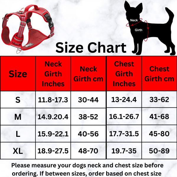 TUFFDOG poppy red dog harness size chart