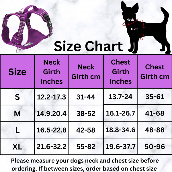 TUFFDOG vivid violet harness size chart