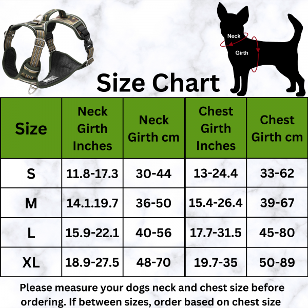 TUFFDOG jungle camo dog harness size chart