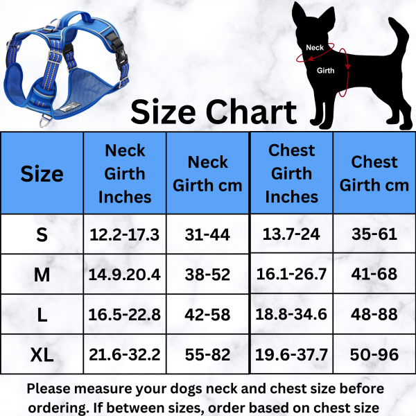 TUFFDOG bright blue dog harness size chart